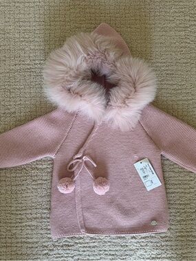 Girls' Pink Hooded Knit Coat with Faux Fur Trim